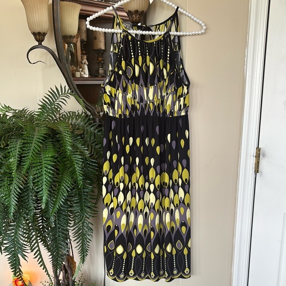 Muse Geometric Abstract Black Yellow Spaghetti Strap Dress Bow Stretchy Casual
